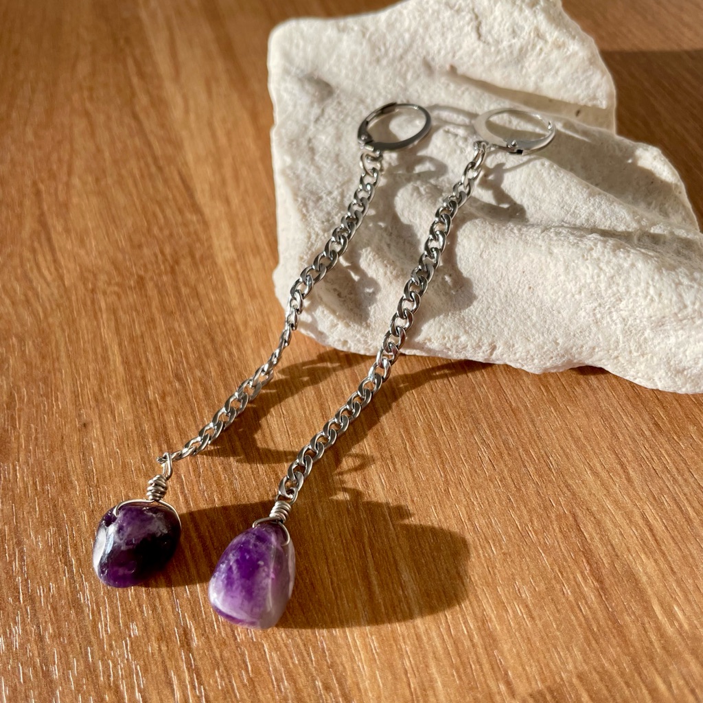 Silver Stainless Steel Chain Drop Earrings With Purple Amethyst Stones